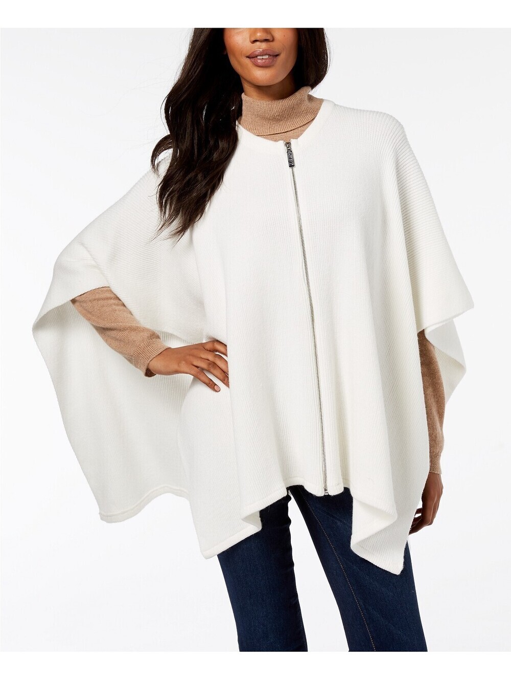 DKNY Womens Ribbed-Knit Zip Poncho